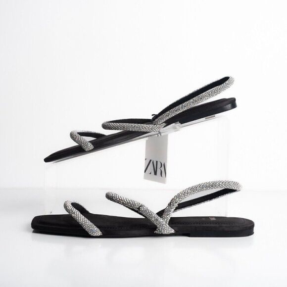 Zara Womens Black Strappy Rhinestone Slingback Flat Sandals Sz US 7.5 EU 38 - Picture 7 of 10